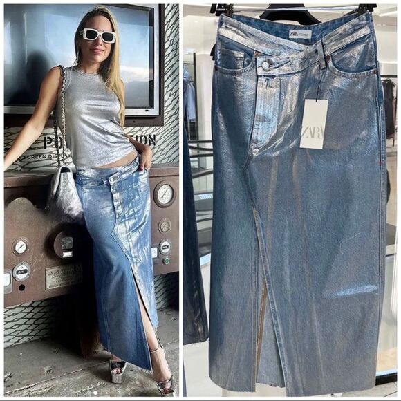 ZARA TRF METALLIC DENIM ASYMMETRIC SKIRT NWT - Picture 16 of 16